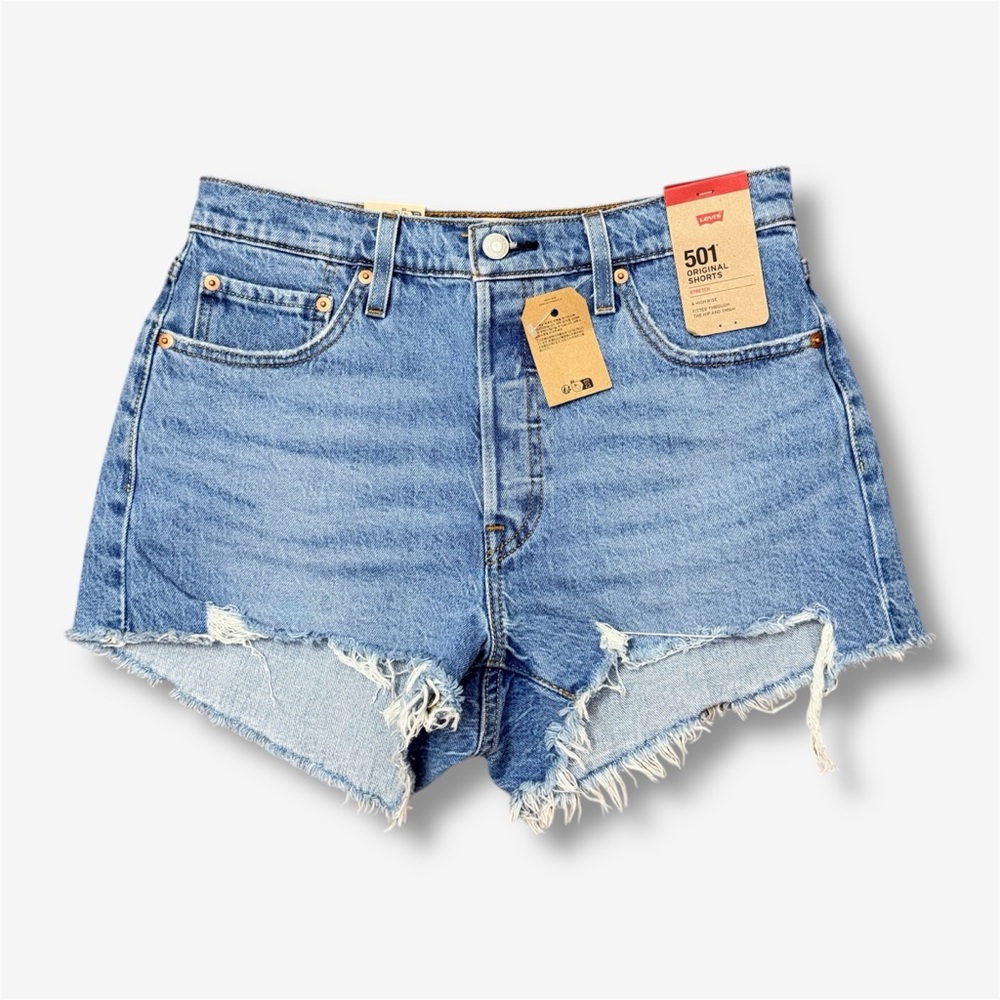 NWT Levi’s 501 Original Shorts High Rise Stretch Medium Wash Distressed Size 29